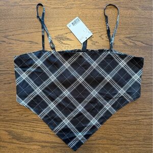 NWT H&M Black Plaid Cropped Handkerchief Top Size Small